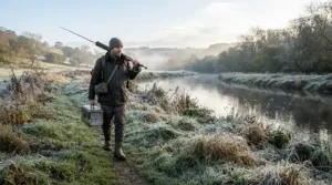 An angler wearing flexible fishing pants for cold weather fishing during a chilly shoulder season expedition.