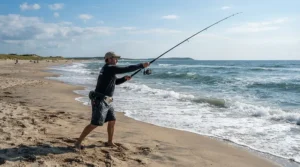 A surf caster wearing durable fishing pants for hot weather standing on a sandy coastline casting into ocean waves
