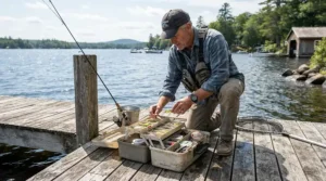 An angler wearing comfortable fishing pants for hot weather organizing tackle on a wooden pier during midday