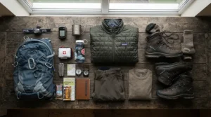 A neat flat lay of lightweight fishing pants for hot weather alongside sunglasses and a tackle box on a wooden deck.