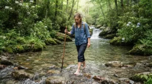 A person in lightweight fishing pants for hot weather wading through a shallow rocky creek on a warm day