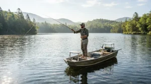 An angler wearing breathable fishing pants for hot weather while casting a line from a bass boat on a sunny morning.
