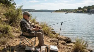 An angler wearing sun-protective fishing pants for hot weather sitting in a camping chair by a desert reservoir