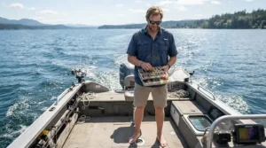 A fisherman in tall fit fishing trousers stepping onto a bass boat deck during a sunny morning.