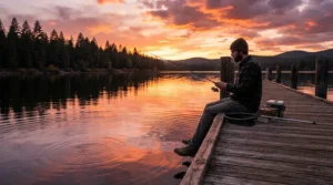 A tall guy sitting on a wooden pier wearing tall-fit apparel like fishing pants for tall men.
