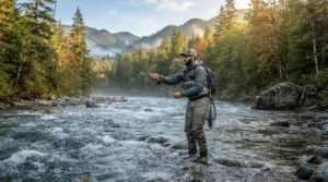A tall angler wearing fishing pants for tall men while casting a fly rod in a rushing mountain river.