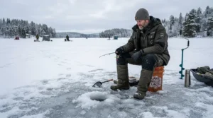 An outdoorsman ice fishing on a frozen lake wearing thermal fishing pants for tall men.