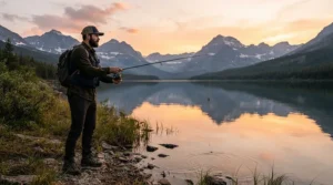 An outdoorsman standing by a calm lake wearing long inseam fishing pants for tall men.