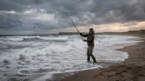 An angler surf casting on the ocean coast while wearing fishing pants for tall men.