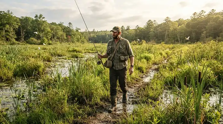 A sportsman navigating a lush marshland wearing specialized fishing pants for tall men.