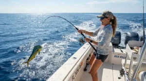 Durable fishing pants for women plus size featured on a happy angler reeling in a catch on a motorboat