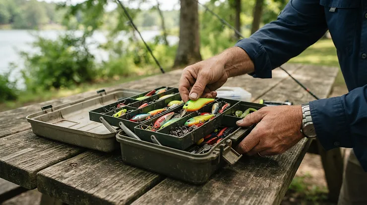 A woman organizing tackle wearing flexible fishing pants for women plus size on a wooden deck