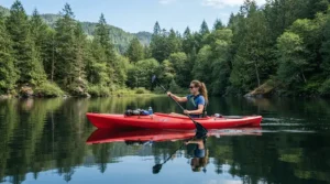 Paddling a kayak while wearing stretchable fishing pants for women plus size on a tranquil reservoir