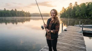 Plus size woman wearing fishing pants for women plus size while standing on a wooden dock at sunrise holding a fishing rod