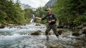 Comfortable fishing pants for women plus size worn by an angler wading through a clear flowing river with mountain views