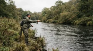 Plus size female angler casting a line along a grassy shoreline in relaxed fit fishing pants for women plus size