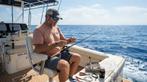 Showing flexibility in fishing pants with knee pads for kayak fishing during a long day on the water.