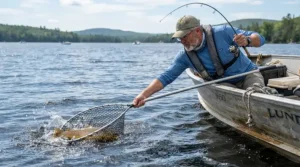 Reaching over the side using fishing pants with knee pads for kayak fishing to net a fish.
