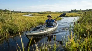Navigating shallow marshlands with fishing pants with knee pads for kayak fishing and a paddle.