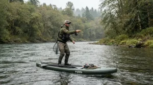 A fisherman utilizing fishing pants with knee pads for kayak fishing during a standing cast on a river.