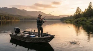 An angler wearing lightweight fishing shorts for hot weather while casting from a bass boat at sunrise.