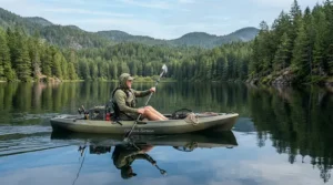 A kayaker wearing quick-drying fishing shorts for hot weather paddling across a mirror-flat reservoir.