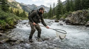 A trout fisherman wearing flexible fishing shorts for hot weather standing in a rushing mountain stream.