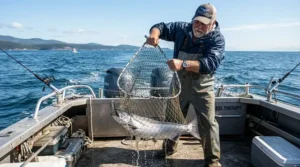 Comfortable fishing shorts for men big and tall worn by an outdoorsman reeling in a catch on a motorboat deck.