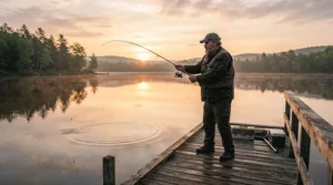A large frame angler wearing fishing shorts for men big and tall while casting a line off a wooden dock at sunrise.