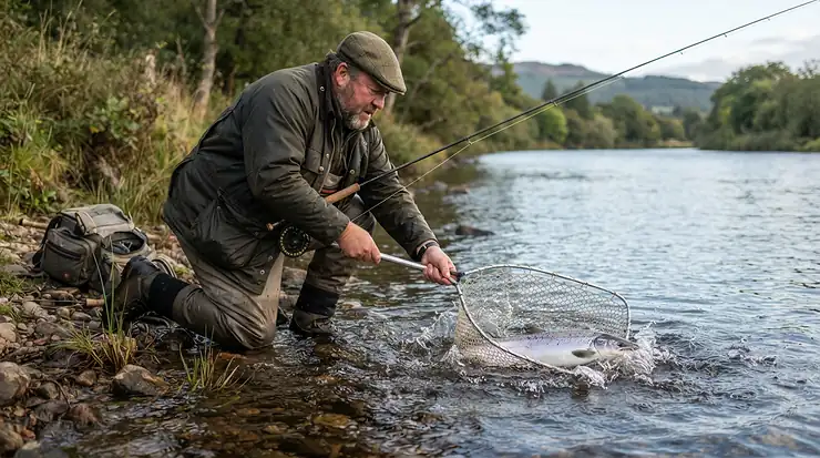 Performance fishing shorts for men big and tall featured as an angler scoops a large fish into a net from the shore.