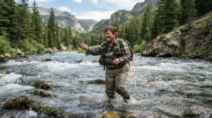 Durable fishing shorts for men big and tall on an angler wading through a shallow, rushing river with a fly rod.