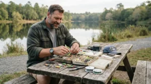 Flexible fishing shorts for men big and tall worn while organizing tackle boxes and gear at a lakeside campsite picnic table.