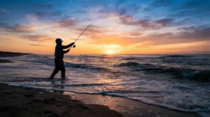 An early riser wearing quick-drying fishing shorts for surf fishing during a peaceful sunrise in the Outer Banks.