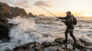 An angler wearing durable fishing shorts for surf fishing while casting a rod off a rocky Atlantic coastline.