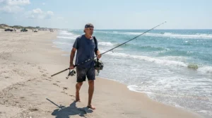 A smiling angler wearing comfortable fishing shorts for surf fishing on a sunny California beach.