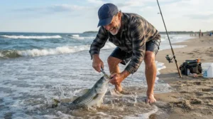 A coastal angler in salt-resistant fishing shorts for surf fishing reeling in a catch on the wet shoreline.