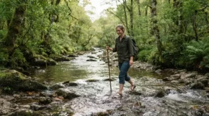 A person wading through a shallow rocky creek wearing lightweight fishing shorts under $25.