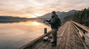 An angler wearing affordable fishing shorts under $25 while casting a line off a wooden dock at sunrise.
