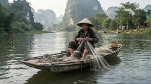 A man in budget fishing shorts under $25 paddling a kayak on a calm, tree-lined river.