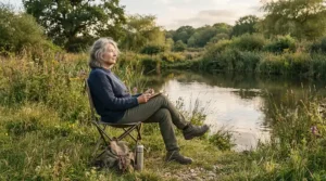 A fisherman sitting on a folding chair by a quiet farm pond in fishing shorts under $25.