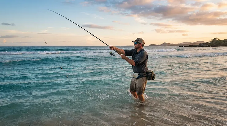 Someone wearing fishing shorts under $25 surfcasting into ocean waves along a sandy beach.