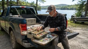 An angler organizing tackle gear on a tailgate while wearing fishing shorts under $25.