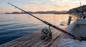 A complete inshore fishing combo resting on the gunwale of a skiff during a morning charter in Florida.