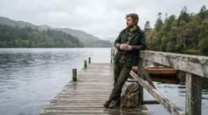 Happy outdoorsman wearing button-down fishing shirts for men big and tall sizes on a lake pier
