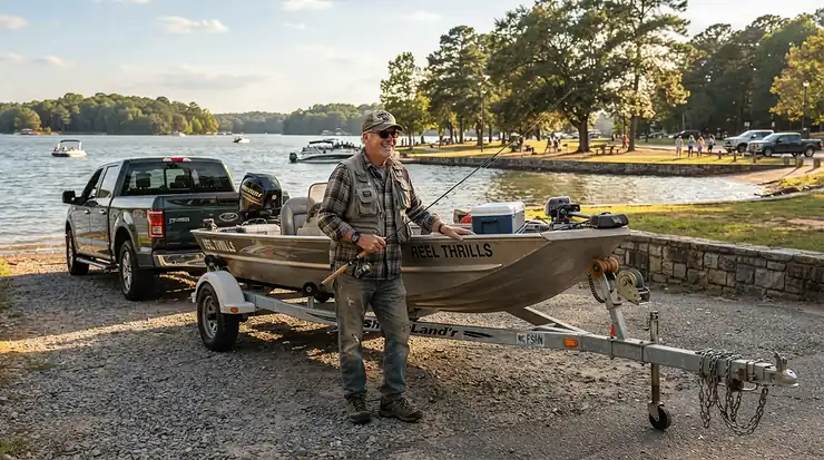 Fisherman standing by a boat ramp wearing cool and dry fishing shirts for men big and tall sizes