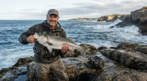 Saltwater angler wearing durable fishing shirts for men big and tall sizes with utility pockets
