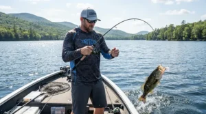 An angler wearing lightweight performance fishing shirts while reeling in a catch on a sunny lake.