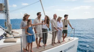 Crew of anglers on a sportfishing yacht wearing matching moisture wicking performance fishing shirts