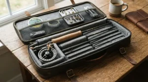 A compact travel inshore fishing combo packed inside a protective hard case for a weekend trip to the keys.