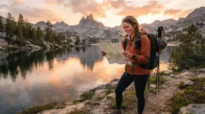 A hiker wearing quick dry fishing shirts for travel looking at a map near a backcountry lake at sunset.